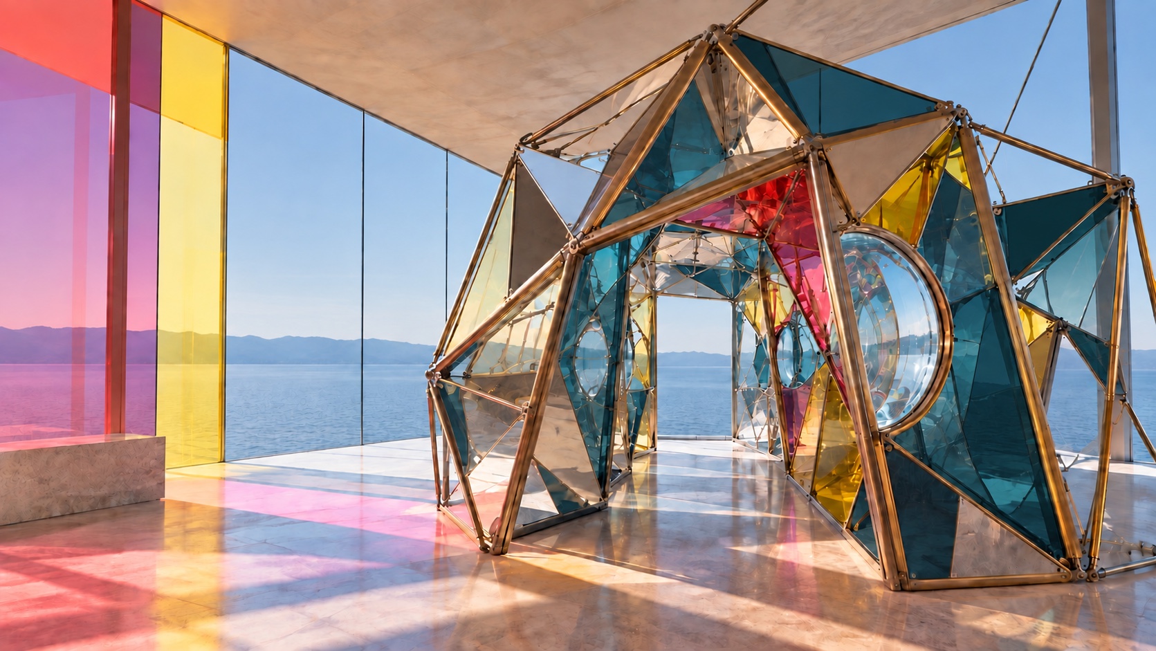 Modern faceted-glass observatory in deep petrol blue, gold, red, and pink overlooking water and distant mountains